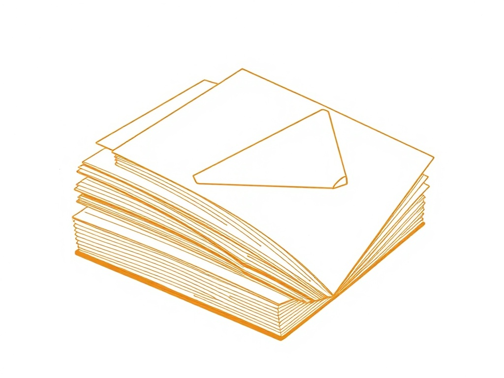 Abstrakte redaktionelle Illustration eines aufgeschlagenen, dicht beschriebenen Kontenbuchs mit einem eingelegten Umschlag mit Wachssiegel